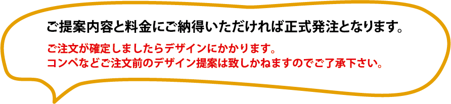 ご提案内容と料金にご納得いただければ正式発注となります。ご注文が確定しましたらデザインにかかります。コンペなどご注文前のデザイン提案は致しかねますのでご了承下さい。 